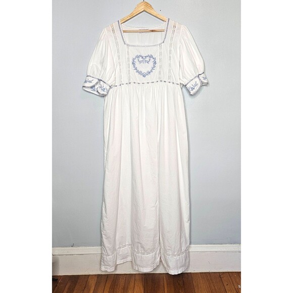 PAST TIMES Vtg Nightgown Dress O/S Empire Waist Embroidered Heart Puff Sleeves - Picture 1 of 9
